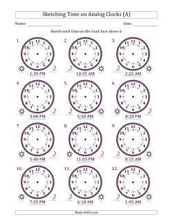 Sketching 12 Hour Time on Analog Clocks in 5 Minute Intervals (12 Clocks)