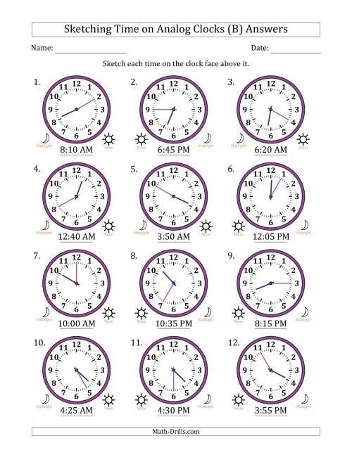 The Sketching 12 Hour Time on Analog Clocks in 5 Minute Intervals (12 Clocks) (B) Math Worksheet Page 2