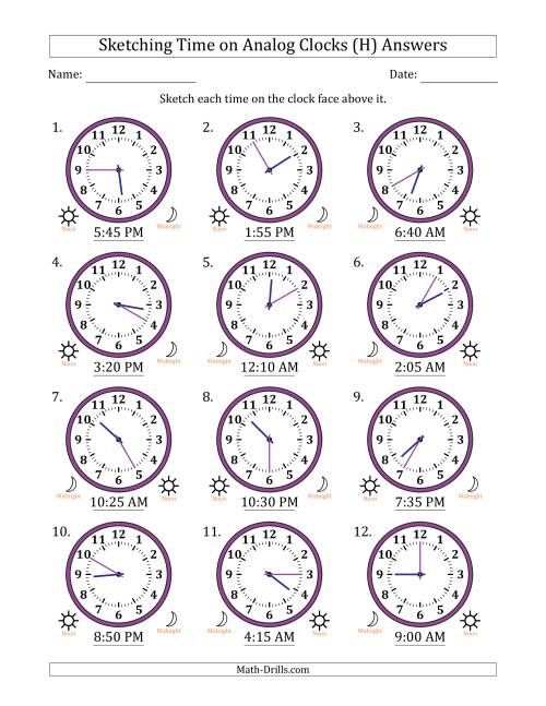 The Sketching 12 Hour Time on Analog Clocks in 5 Minute Intervals (12 Clocks) (H) Math Worksheet Page 2