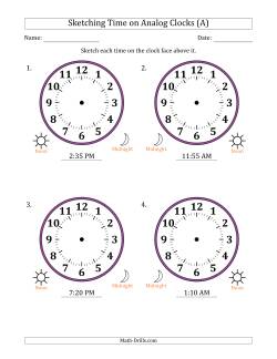 Sketching 12 Hour Time on Analog Clocks in 5 Minute Intervals (4 Large Clocks)