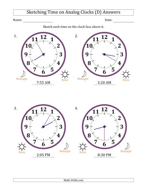The Sketching 12 Hour Time on Analog Clocks in 5 Minute Intervals (4 Large Clocks) (D) Math Worksheet Page 2