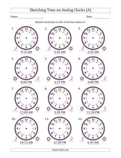 Sketching 12 Hour Time on Analog Clocks in 15 Minute Intervals (12 Clocks)