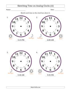 Sketching 12 Hour Time on Analog Clocks in 15 Minute Intervals (4 Large Clocks)