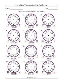 Sketching 12 Hour Time on Analog Clocks in 30 Minute Intervals (12 Clocks)