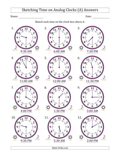 sketching time on analog clocks in 30 minute intervals a