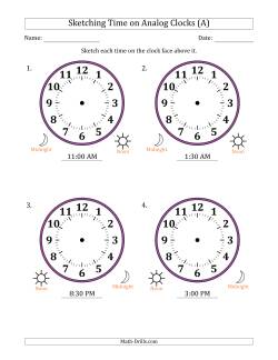 Sketching 12 Hour Time on Analog Clocks in 30 Minute Intervals (4 Large Clocks)