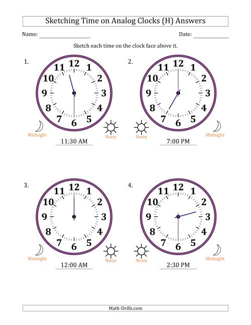 The Sketching 12 Hour Time on Analog Clocks in 30 Minute Intervals (4 Large Clocks) (H) Math Worksheet Page 2
