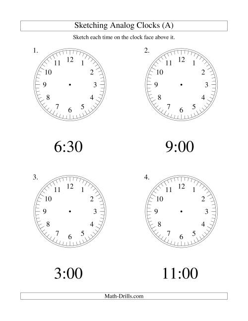 The Sketching Time on Analog Clocks in 30 Minute Intervals (Old) Math Worksheet