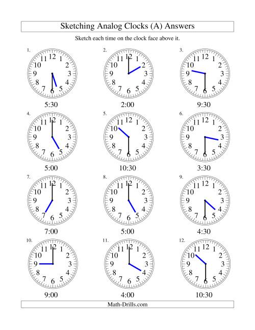 sketching time on analog clocks in 30 minute intervals old