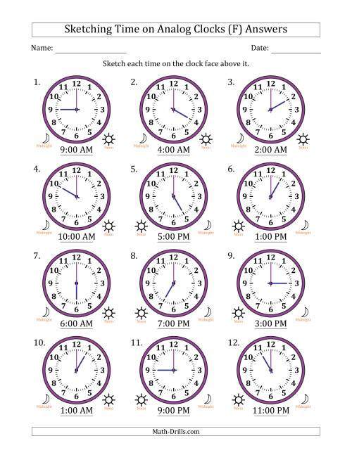The Sketching 12 Hour Time on Analog Clocks in One Hour Intervals (12 Clocks) (F) Math Worksheet Page 2