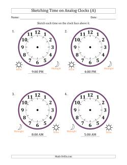 Sketching 12 Hour Time on Analog Clocks in One Hour Intervals (4 Large Clocks)