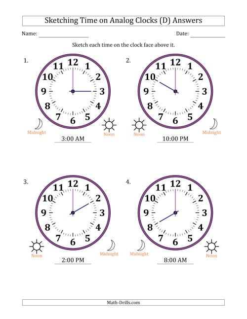 The Sketching 12 Hour Time on Analog Clocks in One Hour Intervals (4 Large Clocks) (D) Math Worksheet Page 2