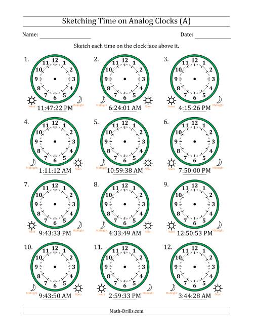 The Sketching 12 Hour Time on Analog Clocks in 1 Second Intervals (12 Clocks) (A) Math Worksheet