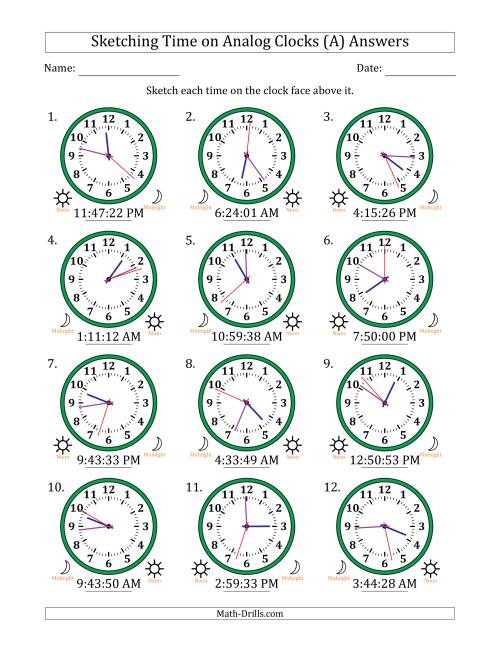 The Sketching 12 Hour Time on Analog Clocks in 1 Second Intervals (12 Clocks) (A) Math Worksheet Page 2