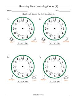 Sketching 12 Hour Time on Analog Clocks in 1 Second Intervals (4 Large Clocks)