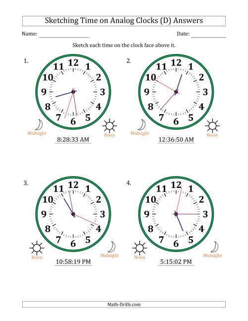 The Sketching 12 Hour Time on Analog Clocks in 1 Second Intervals (4 Large Clocks) (D) Math Worksheet Page 2
