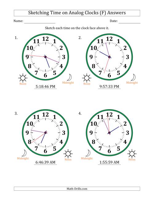 The Sketching 12 Hour Time on Analog Clocks in 1 Second Intervals (4 Large Clocks) (F) Math Worksheet Page 2