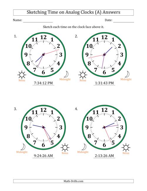The Sketching 12 Hour Time on Analog Clocks in 1 Second Intervals (4 Large Clocks) (All) Math Worksheet Page 2