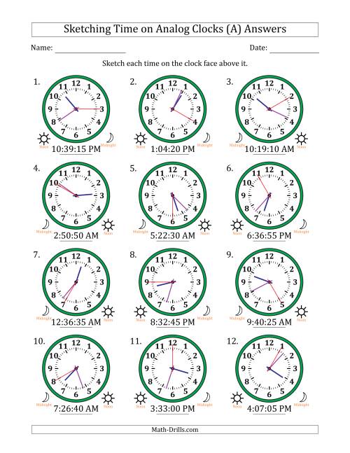 The Sketching 12 Hour Time on Analog Clocks in 5 Second Intervals (12 Clocks) (A) Math Worksheet Page 2