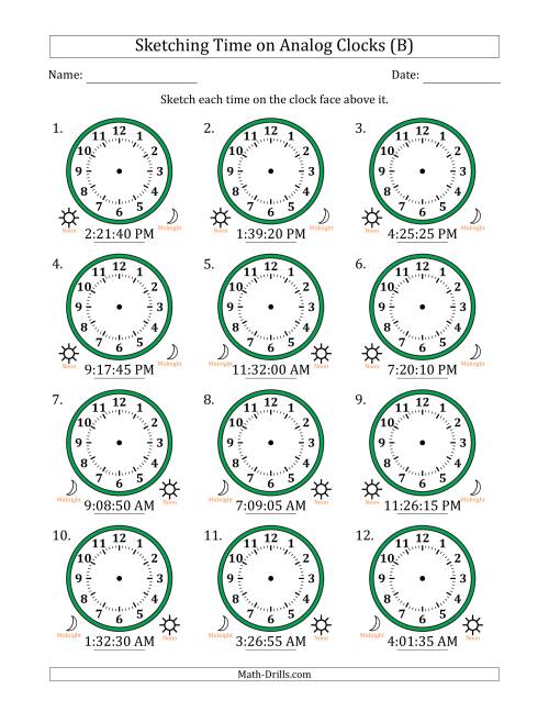 The Sketching 12 Hour Time on Analog Clocks in 5 Second Intervals (12 Clocks) (B) Math Worksheet