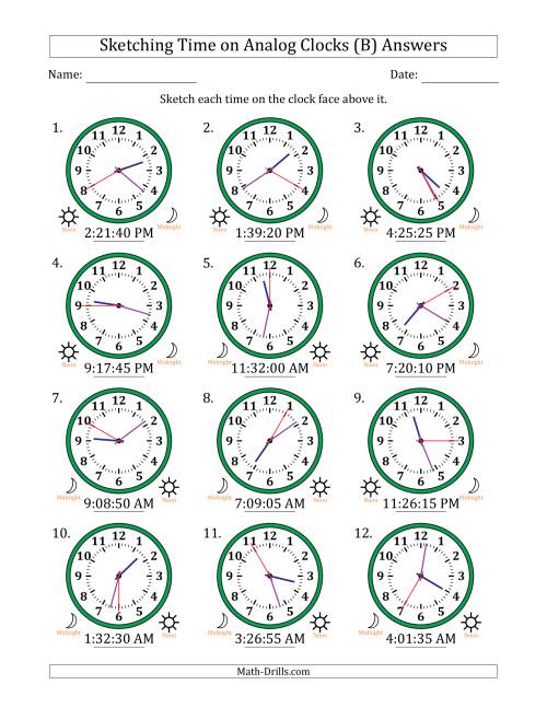 The Sketching 12 Hour Time on Analog Clocks in 5 Second Intervals (12 Clocks) (B) Math Worksheet Page 2