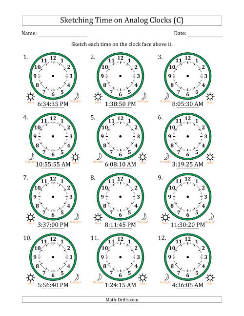 The Sketching 12 Hour Time on Analog Clocks in 5 Second Intervals (12 Clocks) (C) Math Worksheet