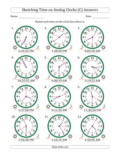 The Sketching 12 Hour Time on Analog Clocks in 5 Second Intervals (12 Clocks) (C) Math Worksheet Page 2
