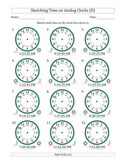 The Sketching 12 Hour Time on Analog Clocks in 5 Second Intervals (12 Clocks) (D) Math Worksheet