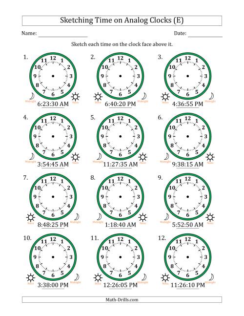 The Sketching 12 Hour Time on Analog Clocks in 5 Second Intervals (12 Clocks) (E) Math Worksheet