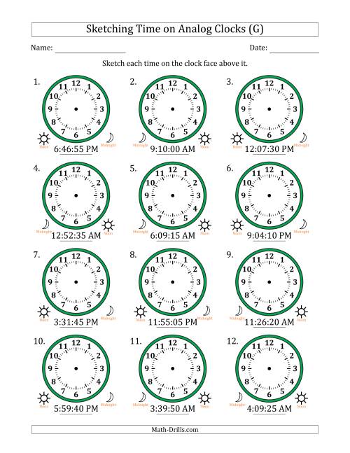 The Sketching 12 Hour Time on Analog Clocks in 5 Second Intervals (12 Clocks) (G) Math Worksheet