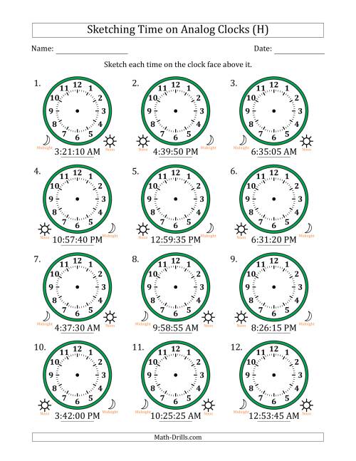 The Sketching 12 Hour Time on Analog Clocks in 5 Second Intervals (12 Clocks) (H) Math Worksheet