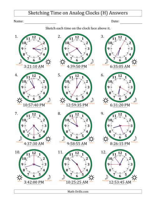 The Sketching 12 Hour Time on Analog Clocks in 5 Second Intervals (12 Clocks) (H) Math Worksheet Page 2