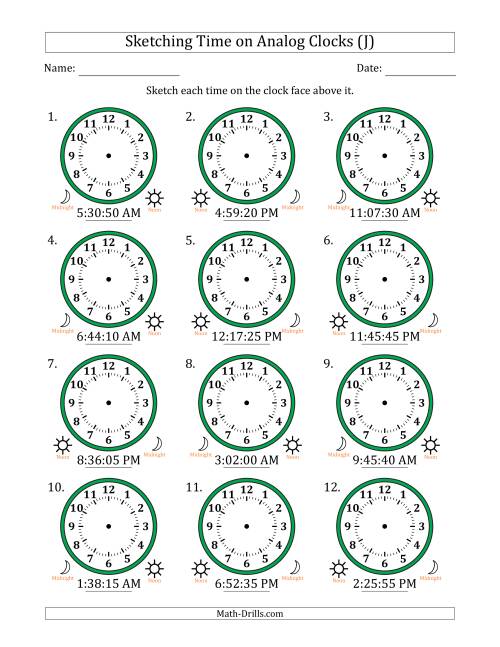 The Sketching 12 Hour Time on Analog Clocks in 5 Second Intervals (12 Clocks) (J) Math Worksheet