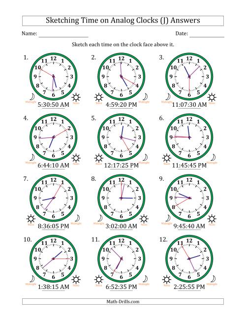 The Sketching 12 Hour Time on Analog Clocks in 5 Second Intervals (12 Clocks) (J) Math Worksheet Page 2
