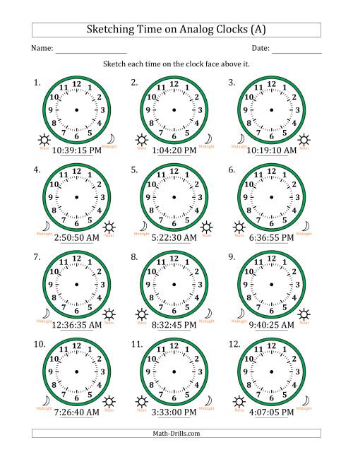 The Sketching 12 Hour Time on Analog Clocks in 5 Second Intervals (12 Clocks) (All) Math Worksheet