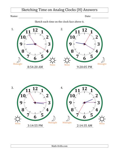 The Sketching 12 Hour Time on Analog Clocks in 5 Second Intervals (4 Large Clocks) (H) Math Worksheet Page 2
