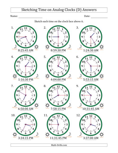 The Sketching 12 Hour Time on Analog Clocks in 15 Second Intervals (12 Clocks) (D) Math Worksheet Page 2