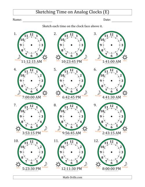 The Sketching 12 Hour Time on Analog Clocks in 15 Second Intervals (12 Clocks) (E) Math Worksheet