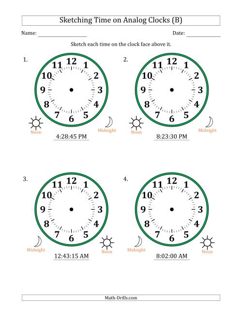 The Sketching 12 Hour Time on Analog Clocks in 15 Second Intervals (4 Large Clocks) (B) Math Worksheet