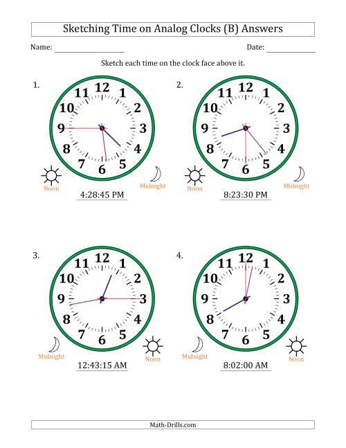 The Sketching 12 Hour Time on Analog Clocks in 15 Second Intervals (4 Large Clocks) (B) Math Worksheet Page 2