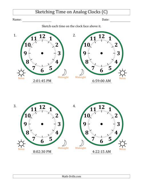 The Sketching 12 Hour Time on Analog Clocks in 15 Second Intervals (4 Large Clocks) (C) Math Worksheet