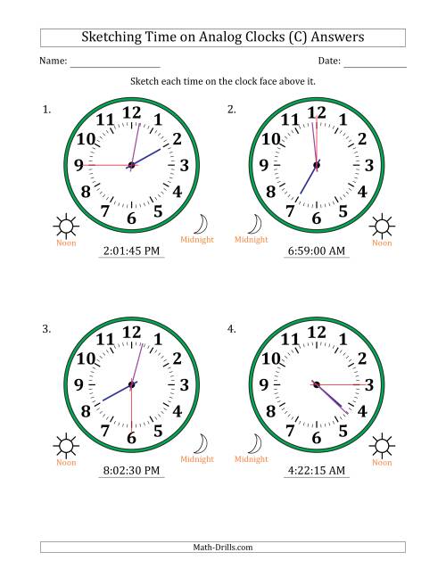 The Sketching 12 Hour Time on Analog Clocks in 15 Second Intervals (4 Large Clocks) (C) Math Worksheet Page 2