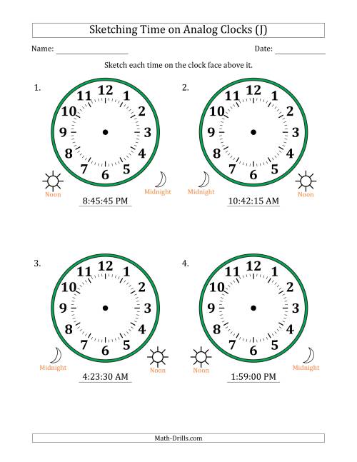 The Sketching 12 Hour Time on Analog Clocks in 15 Second Intervals (4 Large Clocks) (J) Math Worksheet