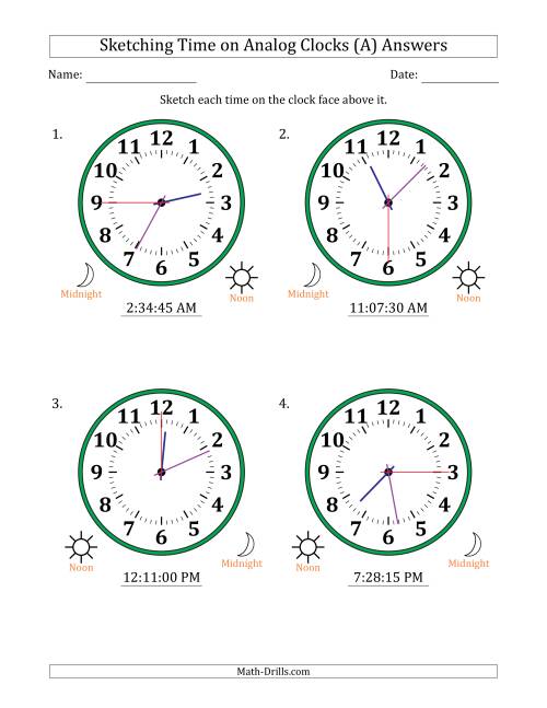 The Sketching 12 Hour Time on Analog Clocks in 15 Second Intervals (4 Large Clocks) (All) Math Worksheet Page 2