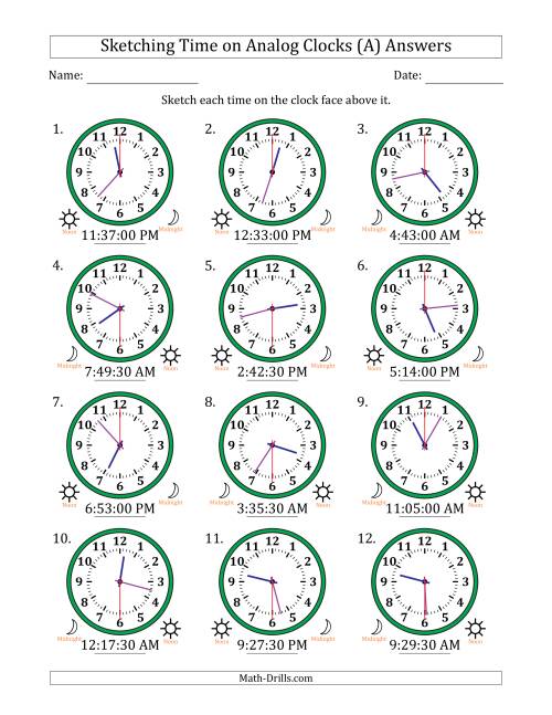 The Sketching 12 Hour Time on Analog Clocks in 30 Second Intervals (12 Clocks) (A) Math Worksheet Page 2