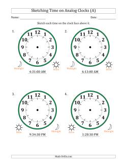 Sketching 12 Hour Time on Analog Clocks in 30 Second Intervals (4 Large Clocks)
