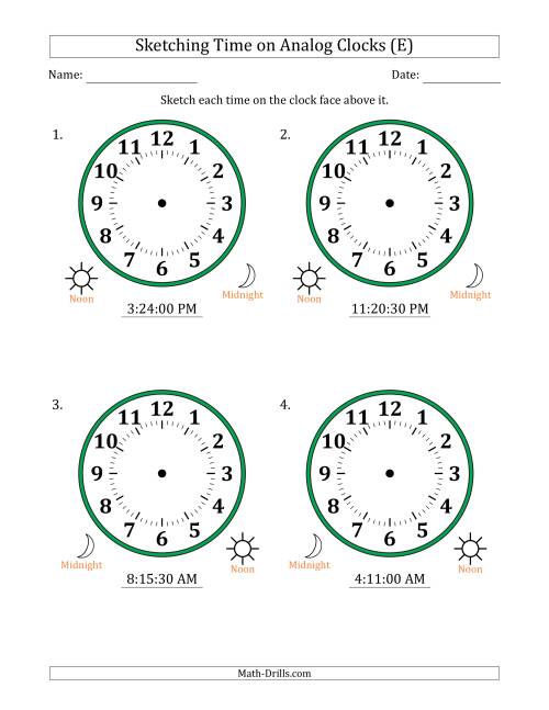The Sketching 12 Hour Time on Analog Clocks in 30 Second Intervals (4 Large Clocks) (E) Math Worksheet