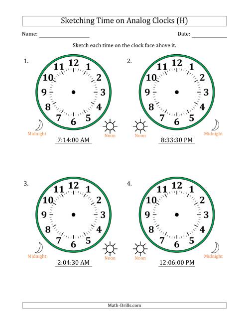 The Sketching 12 Hour Time on Analog Clocks in 30 Second Intervals (4 Large Clocks) (H) Math Worksheet