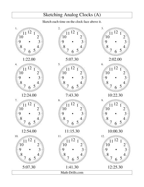The Sketching Time on Analog Clocks in 30 Second Intervals (Old) Math Worksheet