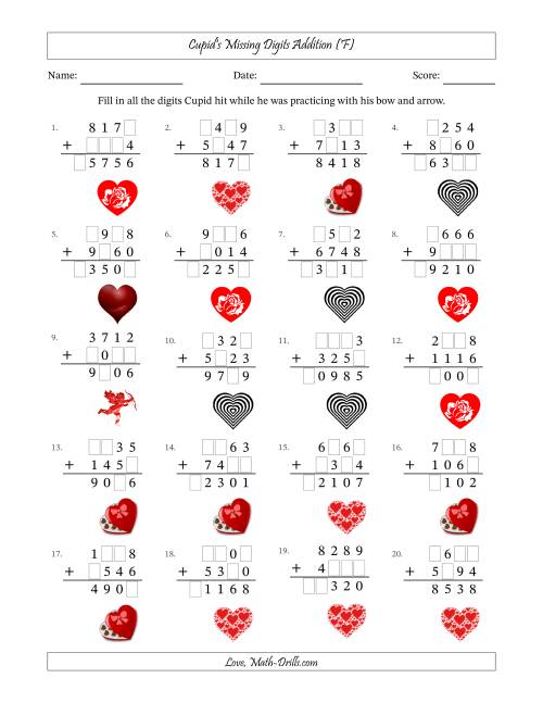 The Cupid's Missing Digits Addition (Harder Version) (F) Math Worksheet